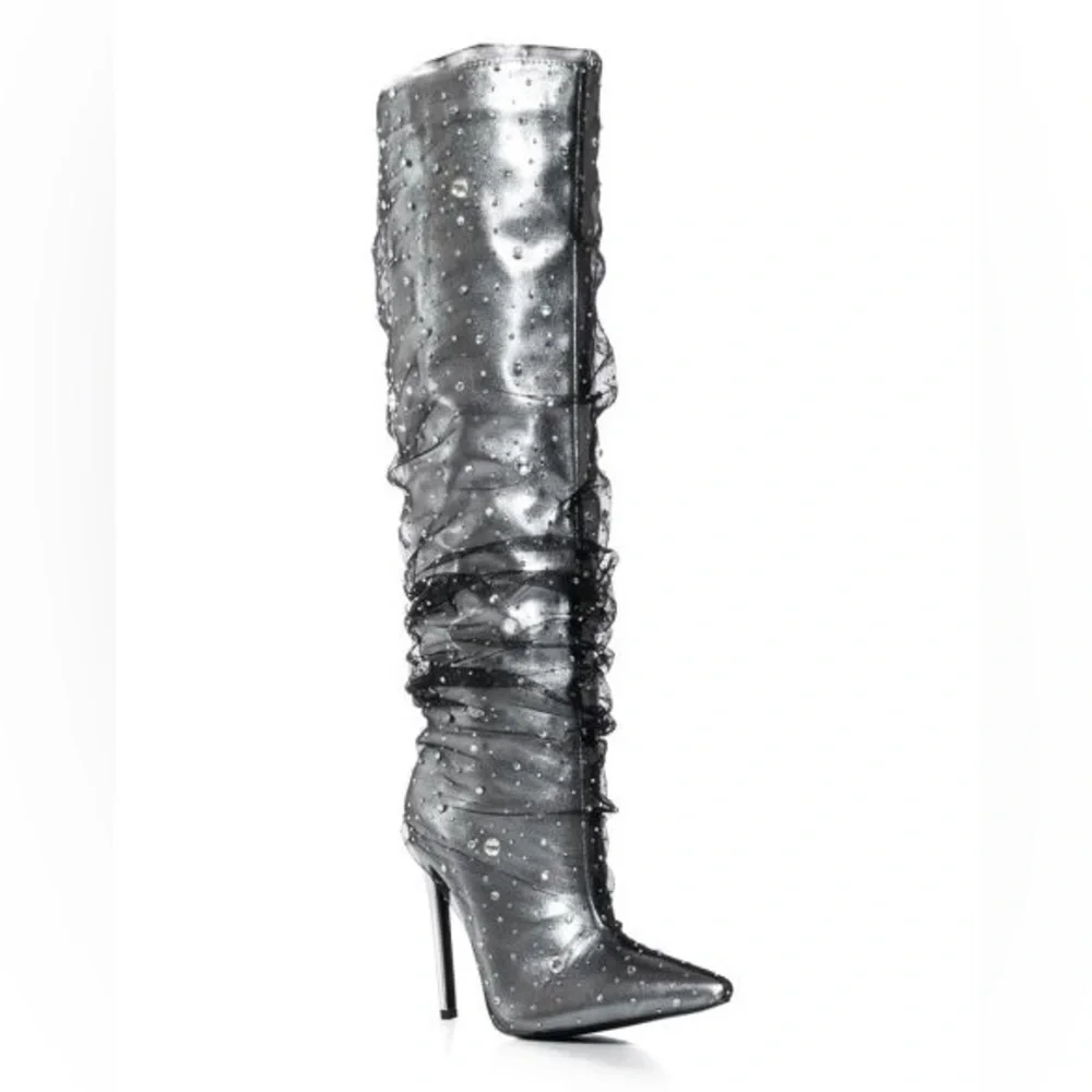 AZALEA WANG Silver Metallic Gemstone Embellished Stiletto High Heel Boots